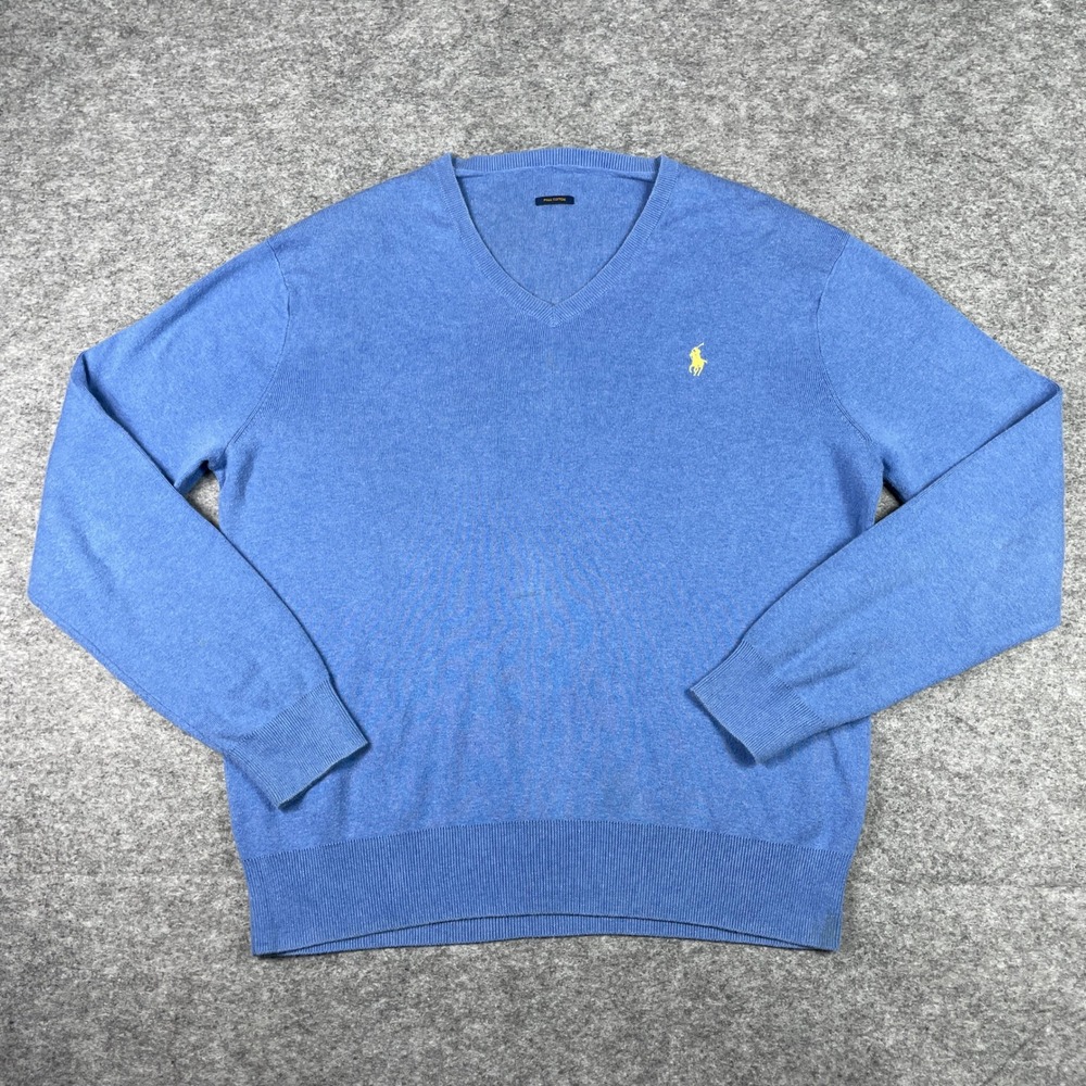 Polo Ralph Lauren Sweater Mens Large Blue Pima Cotton V-Neck Yellow Pony Preppy